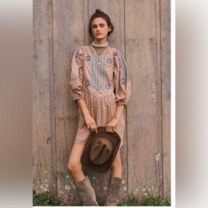 Anthropologie Embroidered Print Metallic Thread Tunic Mini Dress Peach M